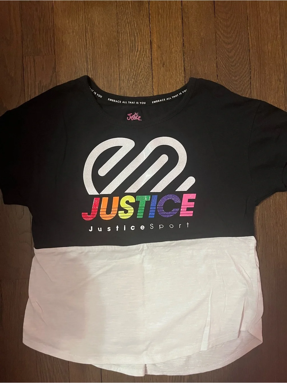 Justice Girls' Black & White Colorblock Tee with Rainbow Logo